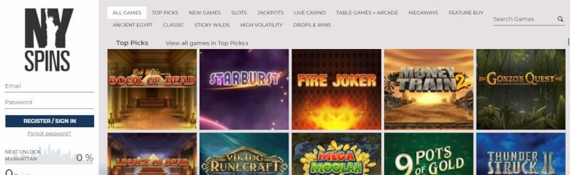 nyspins website offers casino games, first deposit bonus and campaigns for brand new players-logo