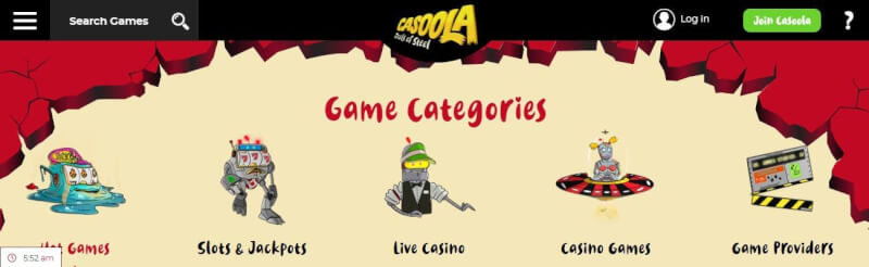 casoola lobby offers slots and jackpots, real time casino, different casino games and filters by online game providers-logo
