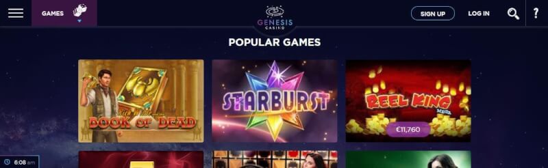 genesis casino lobby provides preferred games like starburst and guide of dead, also bonus offers can be located from menu-logo