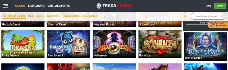 trada casino homepage offers casino games, ilk depozit əlavə və yeni oyunçular üçün təkliflər-loqosu