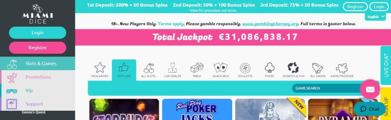 miami dice website offers casino games, very first deposit extra and promotions for new players-logo