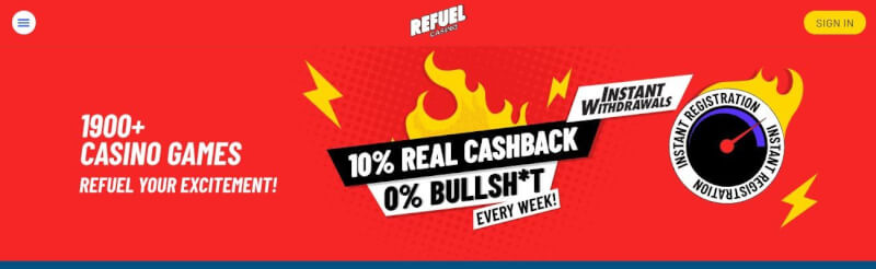 refuel casino homepage provides trustly spend n play build up and Cashback offer-logo