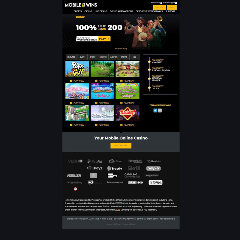 mobile phone Wins Casino screenshot 1
