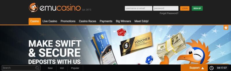 emu casino homepage offers gambling games, ilk depozit bonusu və yeni oyunçular üçün təkliflər-loqosu