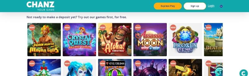 Chanz Casino Lobby is full of slot machines, real time casino and extra offers-logo