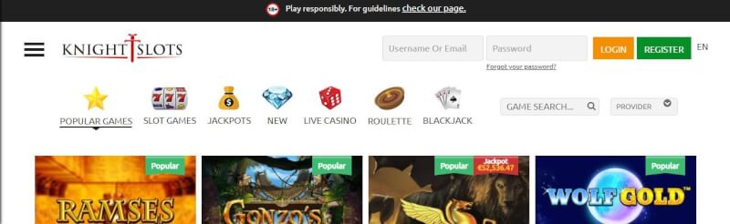 knightslots casino website offers gambling games, ilk depozit bonusu və yeni oyunçular üçün təkliflər-loqosu